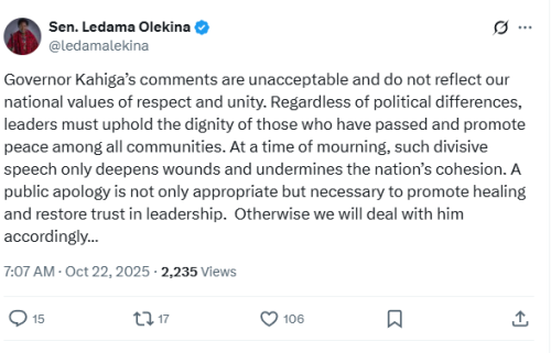 Statement of Ledama Olekina calling for public apology from Mutahi Kahiga. PHOTO/Screengrab by People Daily Digital/@ledamalekina