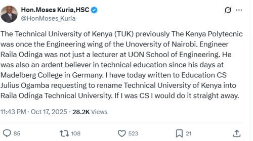 Moses Kuria suggesting the renaming of TUK after Raila Odinga. PHOTO/Screen grab by People Daily Digital/@HonMoses_Kuria