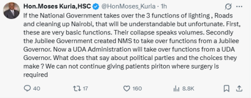 Statement of Moses Kuria on the Nairobi City County functions takeover by the UDA government on Tuesday, October 14, 2025. PHOTO/Screen grab by the People Daily Digital/@HonMoses_Kuria