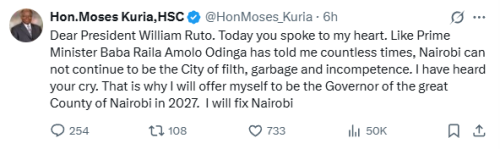 Statement of Moses Kuria declaring his candidacy for Nairobi Governor in 2027. PHOTO/Screen grab by People Daily Digital/@HonMoses_Kuria