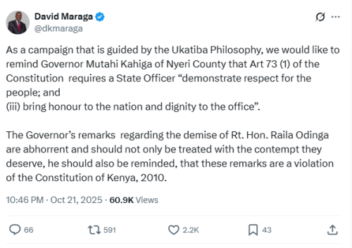 David Maraga has condemned Governor Mutahi Kahiga's remarks over Raila Odinga's death. PHOTO/Screengrab by People Daily Digital/@dkmaraga