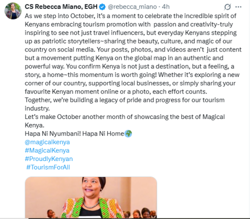 X statement of Tourism CS Rebecca Miano lauding Kenya's creativity in promoting local tourism on Wednesday, October 1, 2025. PHOTO/Screen grab by People Daily Digital/@rebecca_miano/X