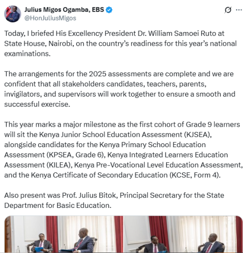 X statement of CS Migos Ogamba on the nationational examinations readiness. PHOTO/Screengrab by People Daily Digital/@HonJuliusMigos