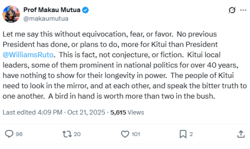Statement of Makau Mutua on what President Ruto has done to the residents of Kitui. PHOTO/Screengrab by People Daily Digital/@makaumutua