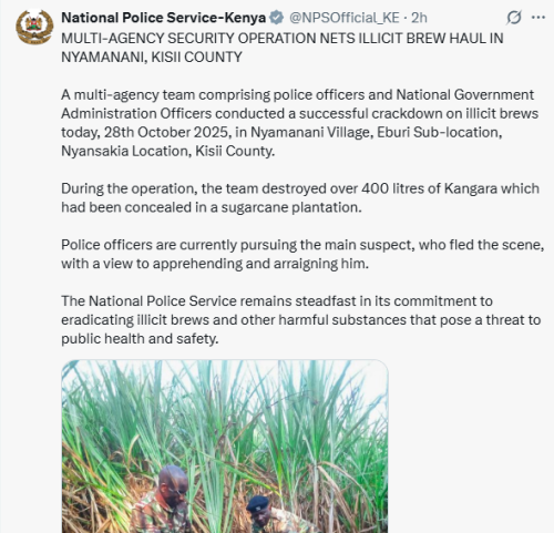 Statement of National Police Service on the destruction of illicit brew in Kisii on Tuesday, October 28, 2025. PHOTO/Screengrab by People Daily Digital/@NPSOfficial_KE