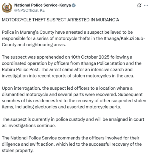 Statement by the NPS on motorcycle theft in Murang'a on Saturday, October 11, 2025. PHOTO/Screen grab by People Daily Digital/@NPSOfficial_KE
