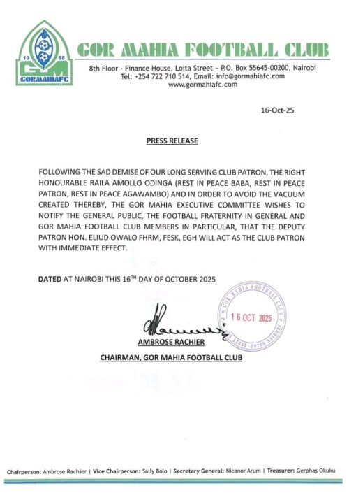 Statement of Gor Mahia appointing Eliud Owalo as new club patron following Raila Odinga's death released on Thursday, October 16, 2025. PHOTO/Gor Mahia FC