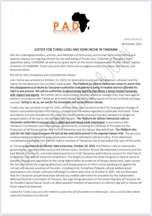 Statement of Platform for African Democrats (PAD) expressing concern over the safety and well-being of Tanzanian opposition leaders Tundu Lissu and John Heche, calling for their immediate and unconditional release. PHOTO/PAD