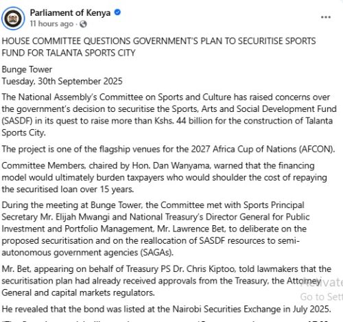 Statement of Parliament House Committee on securitisation of Talanta Sporst City released on Tuesday, September 30, 2025. PHOTO/The Parliament of Kenya