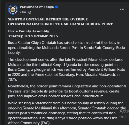 Okiya Omtatah's statement on Muluanda Border Post opening on Tuesday, October 7, 2025. Photo/Screen grab by People Daily Digital/The Parliament of Kenya