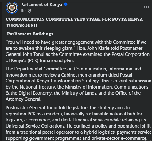 Statement of Parliament of revamping Posta Kenya released on Wednesday, October 8, 2025. PHOTO/Screen grab by People Daily Digital/The Parliament of Kenya