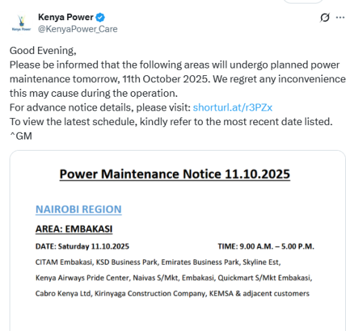 Staement opf KPLC on planned power outage in Embakasi on Saturday, October 11, 2025. PHOTO/Screen grab by People Daily Digital/@KenyaPower_Care/X