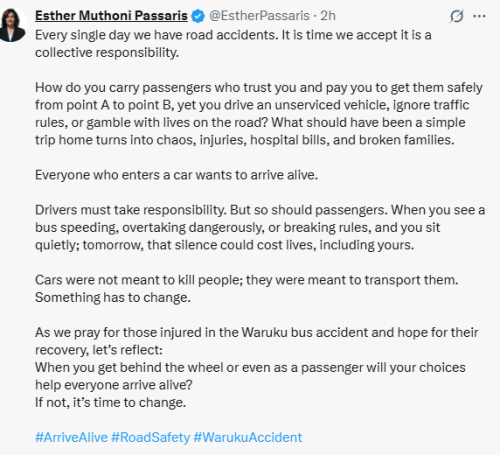 Statement of Esther Passaris calling for caution on the roads on Wednesday, October 8, 2025. PHOTO/Screen grab by People Daily Digital/@EstherPassaris/X
