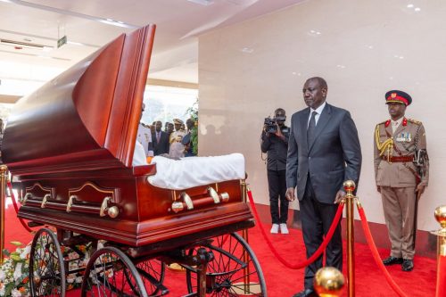 President William Ruto views the body of Raila Odinga at Kasarani Stadium on Thursday, October 16, 2025. PHOTO/@koske_felix