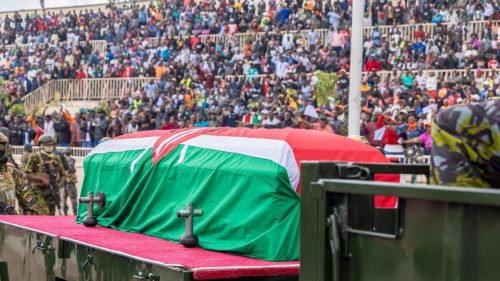 Raila’s casket, draped with a Kenyan flag, lying at the Nyayo Stadium on Friday, October 17, 2025. PHOTO/https://web.facebook.com/williamsamoei