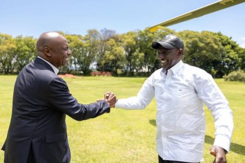 President William Ruto with Former Baringo Senator Gideon Moi at Nakuru county: PHOTO/facebook.com/williamsamoei