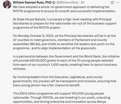 President William Ruto's statement on the national roll-out of NYOTA Project on Friday, October 1, 2025. Photo/Screen grab by People Daily Digital/@WilliamsRuto/X