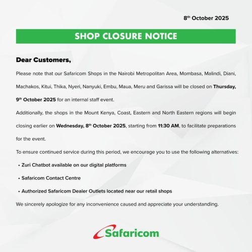 Safaricom statement on shop closures released on Wednesday, October 8, 2025. PHOTO/@SafaricomPLC