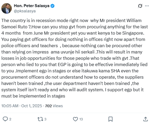 X statement of MP Peter Salasya faulting President William Ruto on the e-procurement model on Wednesday, October 1, 2025. PHOTO/@pksalasya/X