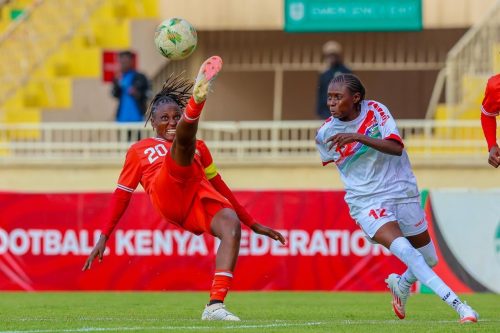 The Harambee Starlets and Gambia players during their match at Nyayo Stadium: PHOTO/facebook.com/williamsamoei