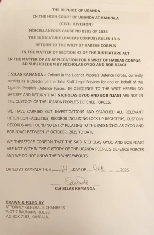 Statement of UPDF officially denying having the activists in their custody, according to a sworn statement filed in the High Court of Uganda at Kampala (Civil Division). PHOTO/@HEBobiWine