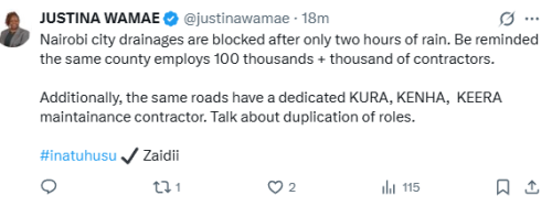 Justina Wamae's X statement on Nairobi's poor drainage on Saturday, October 4, 2025. Photo/Screen grab by People Daily Digital/@justinawmae/X