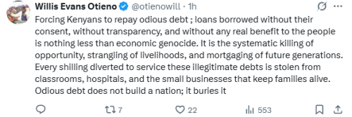 X statement of Lawyer Willis Otieno on Kenyans repaying odious loans on Wednesday, October 1, 2025. PHOTO/Screen grab by People Daily Digital/@otienowill/X