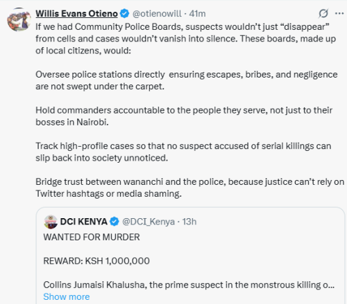 X statement of Lawyer Willis Otieno calling for introduction of Police Boards on Wednesday, October 1, 2025. PHOTO/Screen grab by People Daily Digital/@otienowill/X