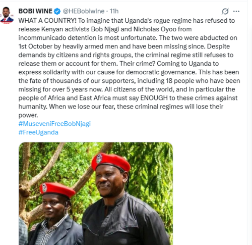 Statement of Bobi Wine on the abduction of Bob Njagi and Nicholas Oyoo. PHOTO/Screen grab by People Daily Digital/@HEBobiwine/X