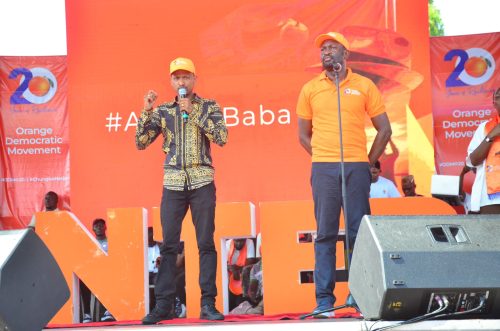 Embakasi East MP Babu Owino and Nairobi Senator Edwin Sifuna during ODM's 20th anniversary celebrations at the Mama Ngina Waterfront in Mombasa, November 15, 2025. PHOTO@edwinsifuna/X