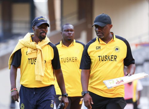 Tusker FC head coach Charles Okere with his technical bench. PHOTO/@tusker_fc/X