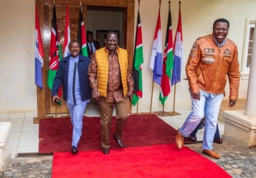 A past photo of late prime minister Raila Odinga, wiper leader Kalonzo Musyoka, and Eugene wamalwa. PHOTO//https://www.facebook.com/photo/?fbid=2725098184488650&set=a.146546165677211
