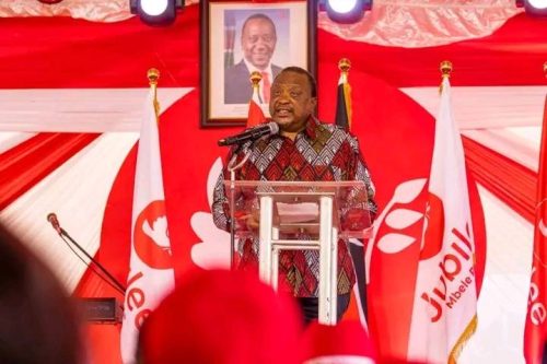 Retired President Uhuru Kenyatta, while speaking during the Jubilee Party mobilisation forum. PHOTO//Screengrab by People Daily Digital