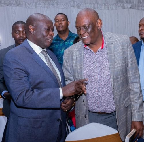 former deputy president Rigathi Gachagua while sharing a light moment with Jubilee vice chairman David Murathe. PHOTO//https://www.facebook.com/photo/?fbid=1312986790855781&set=pb.100064334183614.-2207520000