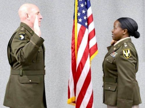 Silvia Jemutai before a senior U.S. Army officer during her promotion to Lieutenant Colonel at Fort Lee, Virginia. PHOTO/https://www.facebook.com/Gotabgaa International