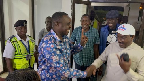 DCP deputy party leader cleophas malala with Kalonzo at Malindi airport while enroute magarini to campaign for DCP candidate. PHOTO//https://www.facebook.com/photo?fbid=1389469662544271&set=pcb.1389469919210912