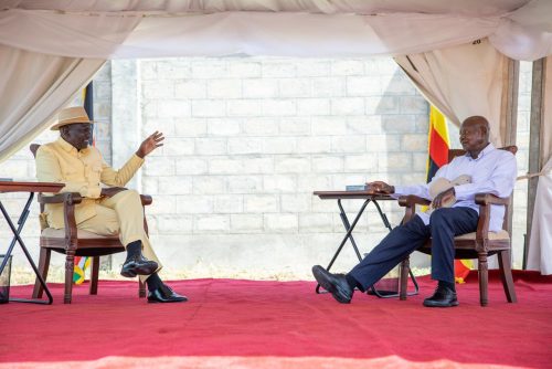 Ruto and Museveni during the groundbreaking ceremony for the Devki Steel Factory in Osukuru, Tororo District, Uganda. PHOTO/https://www.facebook.com/William Samoei Ruto