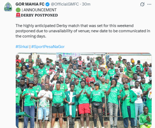 X statement of Gor Mahia confirming Mashemeji Derby postponement on Wednesday, November 26, 2025. PHOTO/@OfficialGMFC/X
