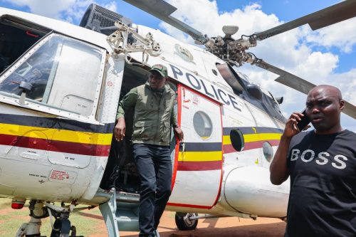 Kipchumba Murkomen alights from a police helicopter in Chesongoch, Marakwet East, during a visit to condole with families affected by the deadly landslide and oversee ongoing rescue efforts. PHOTO/@kipmurkomen/X