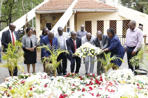 Judicial leaders put flowers on Raila Odinga’s grave in Bondo. PHOTO/@CJMarthaKoome/X