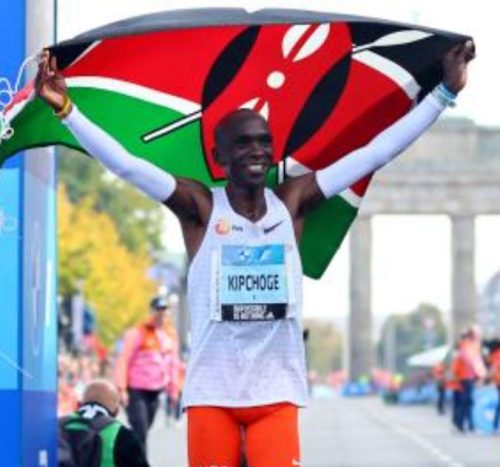 Kipchoge celebrates after finishing the marathon. PHOTO/@JWokabi/X