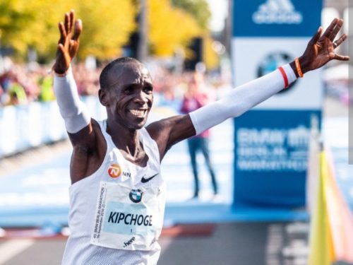 Kipchoge celebrates after finishing the marathon. PHOTO/@JWokabi/X