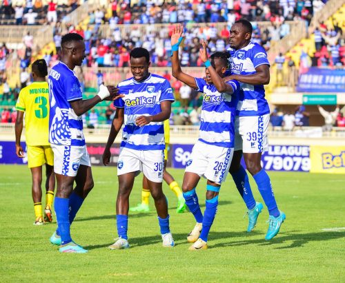 AFC Leopards players celebrate during their match against Mathare United at Nyayo Stadium. PHOTO/@AFCLeopards/X