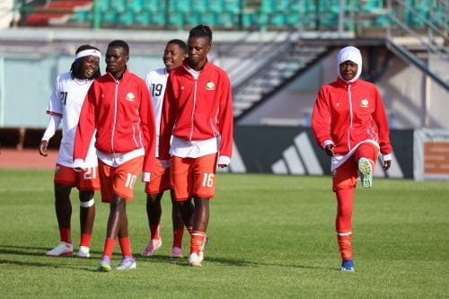 Harambee Starlets warm up before the match in Blida. PHOTO/@StarletsKE/X