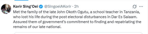 Statement of PS Korir Sing'Oei on the repatriation of teacher John Ogutu's body from Tanzania. PHOTO/Screengrab by People Daily Digital/@SingoeiAkori/X