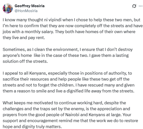 Statement of Geoffrey Mosiria on the state of two men he rescued from Nairobi streets. PHOTO/Screengrab by People Daily Digital/@HonMosiria