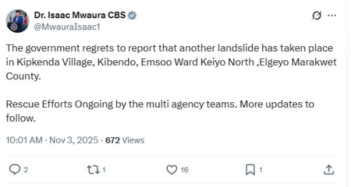 Statement of Isaac Maura on Elgeyo Marakwet landslide on Monday, November 3, 205. PHOTO/Screengrab by People Daily Digital/@MwauraIsaac1