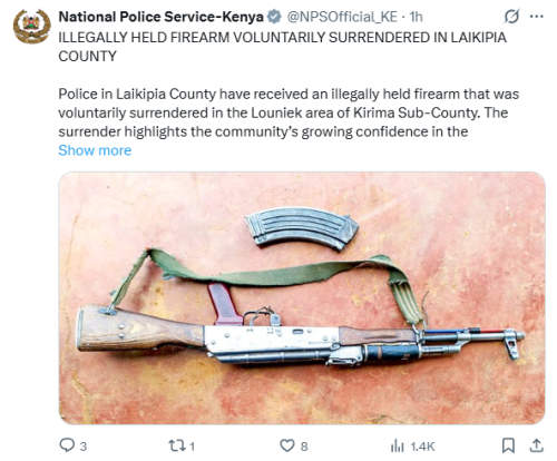 A statement of NPS confirming the recovery of a firearm in Laikipia on Saturday, November 29, 2025. PHOTO/Screengrab by People Daily Digital/@NPSOfficial_KE/X