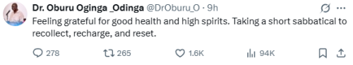Statement of ODM leader Oburu Odinga taking a sabbatical on Friday night, November 21, 2025. PHOTO/Screengrab by People Daily Digital/@DrOburu_O/X