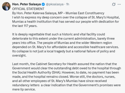 Statement of Peter Salasya on the closure of St Mary's Hospital on Wednesday, November 5, 2025. PHOTO/Screengrab by People Daily Digital/@pksalasya